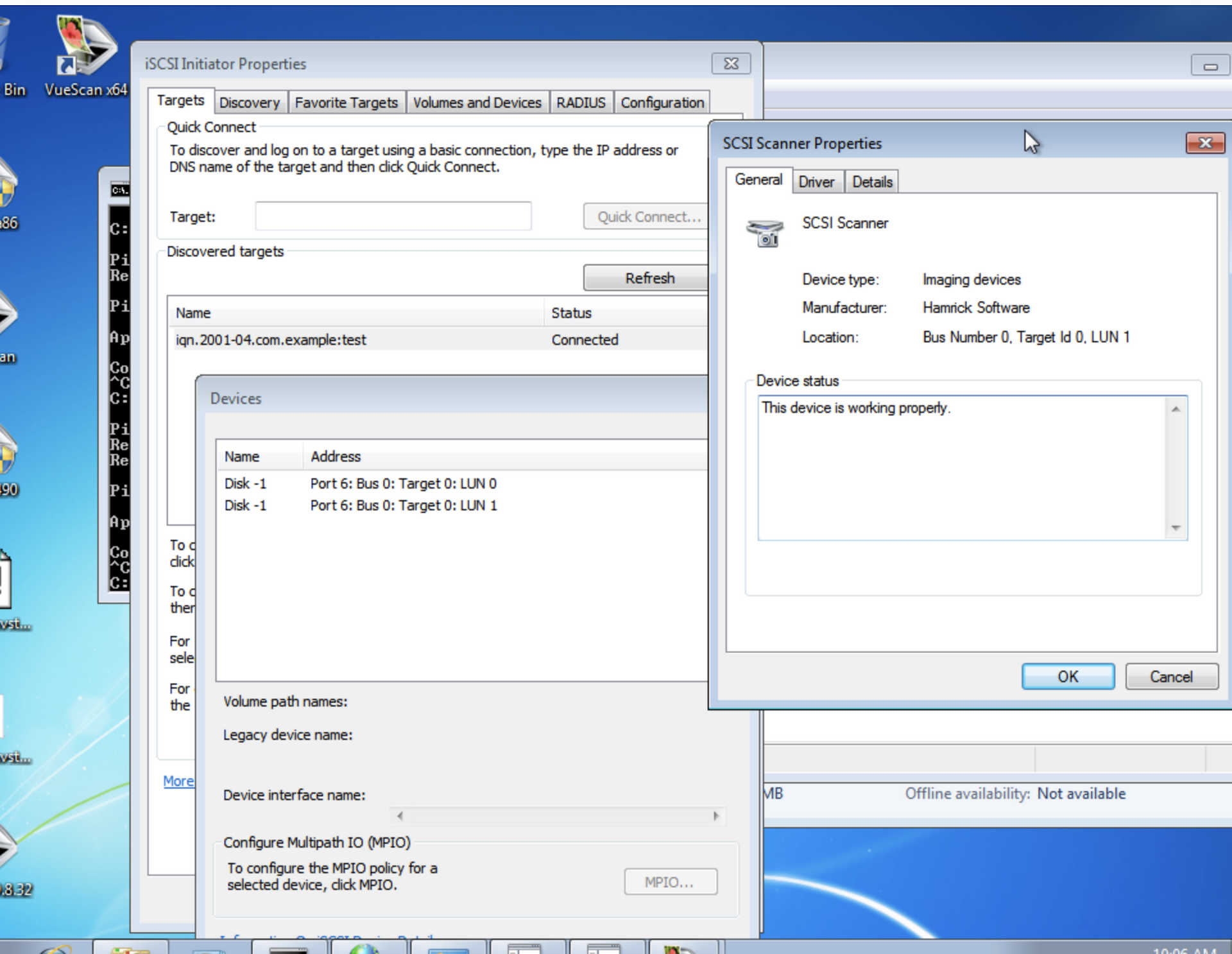 Screenshot of Windows 7 iSCSI showing the SCSI scanner connected over the Windows iSCSI initiator