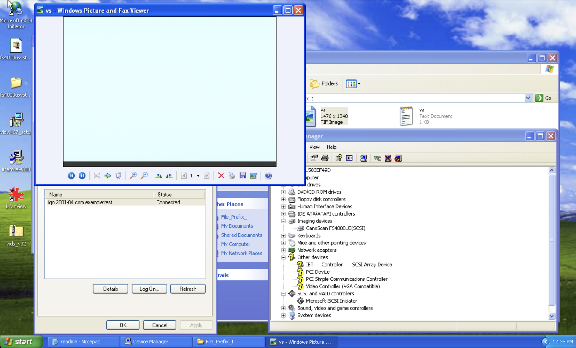 Windows picture viewer showing a scan, along with device manager and the Windows iSCSI initiator software