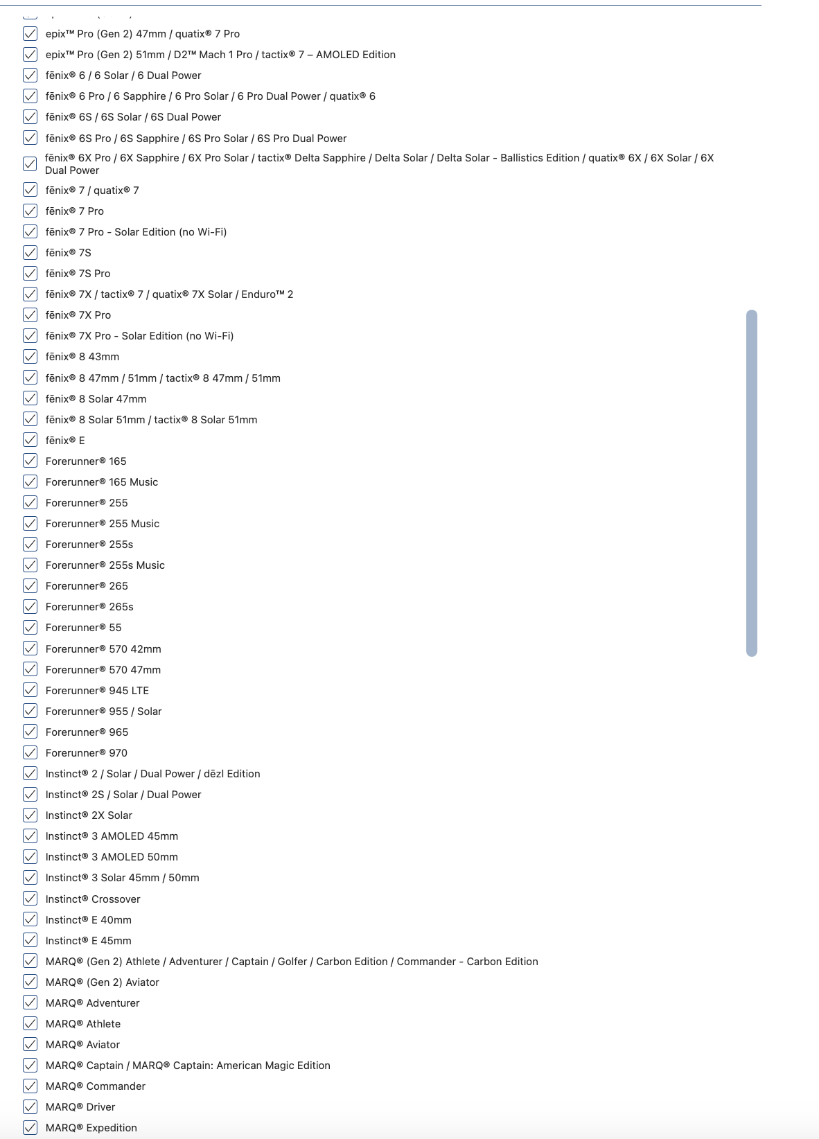 A list of garmin devices to select from which doesn&rsquo;t fit in the screenshot