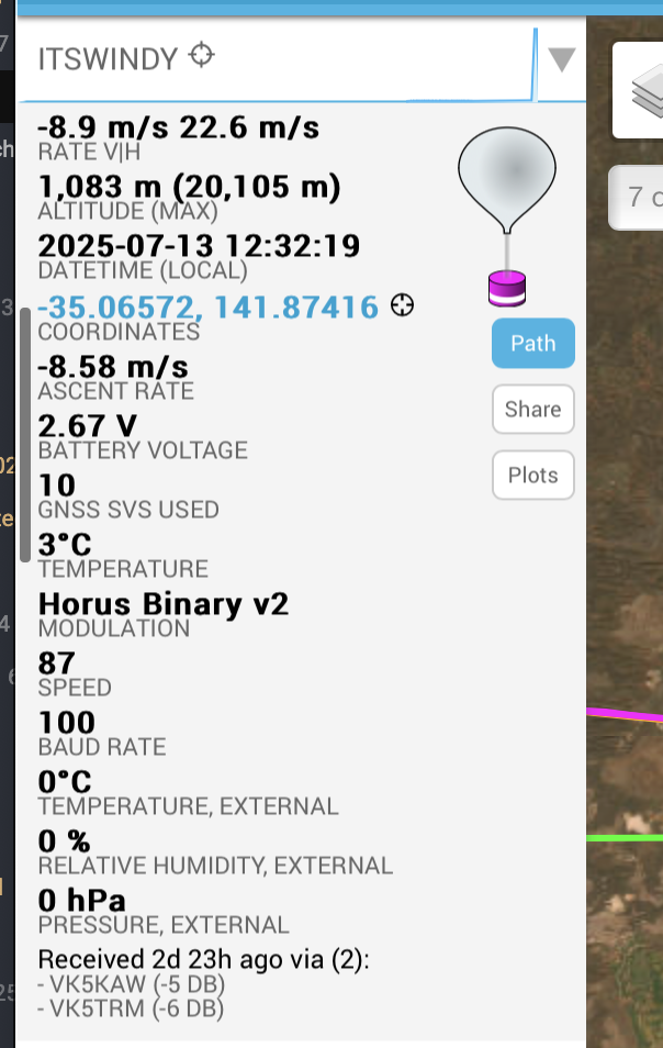 Screenshot of sondehub showing the telemetry of the last packet.