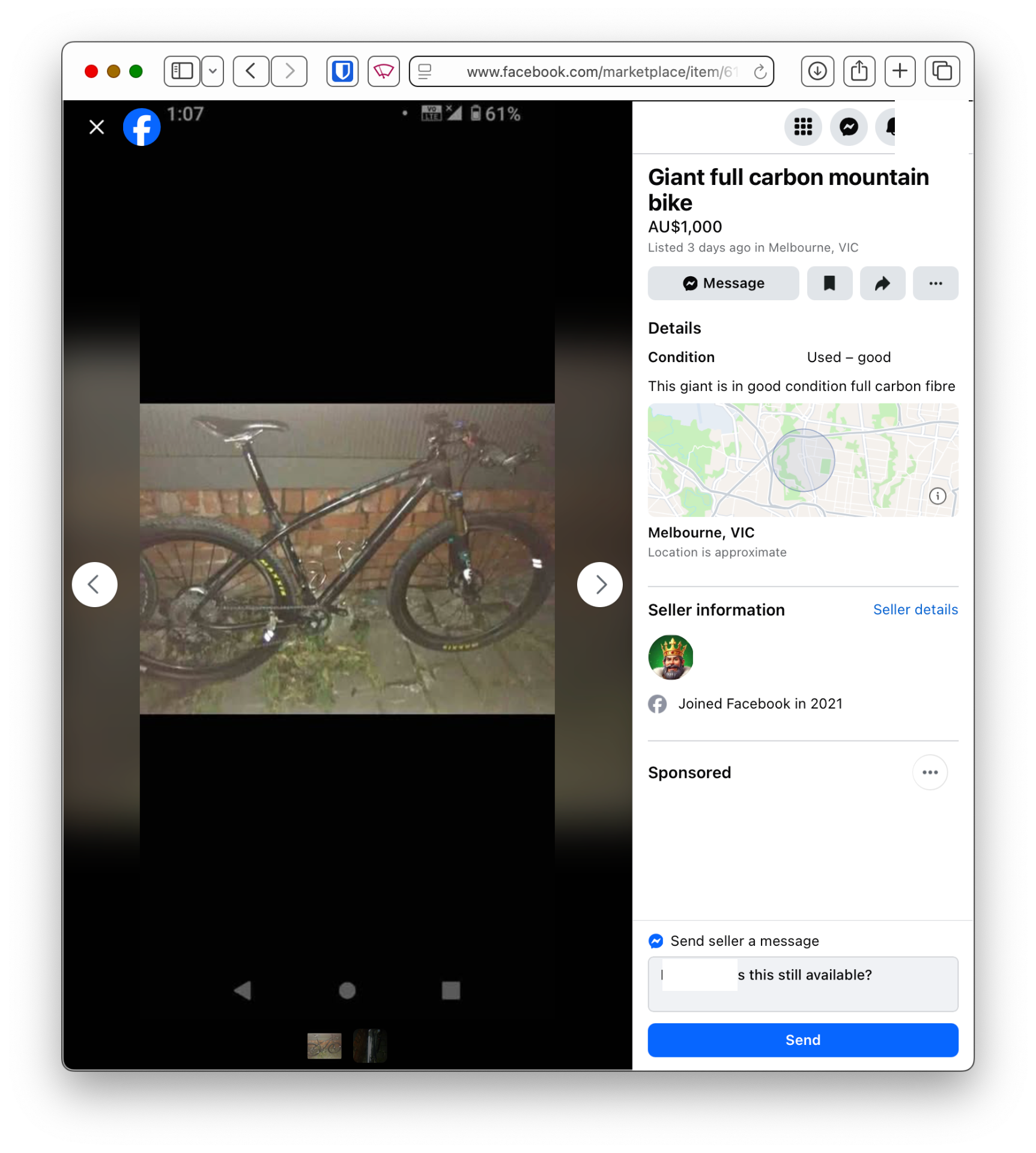 Poorly lit photo for a &ldquo;carbon&rdquo; frame bike
