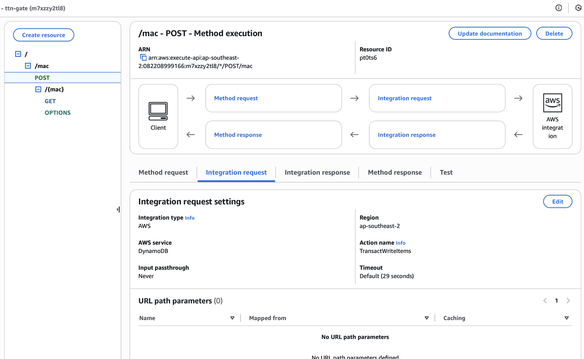 Screenshot showing API gateway mapping to DynamoDB