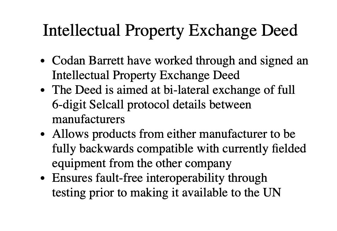 Screenshot of the intellectual property exchange deed which lists out how codan and barrett are working together