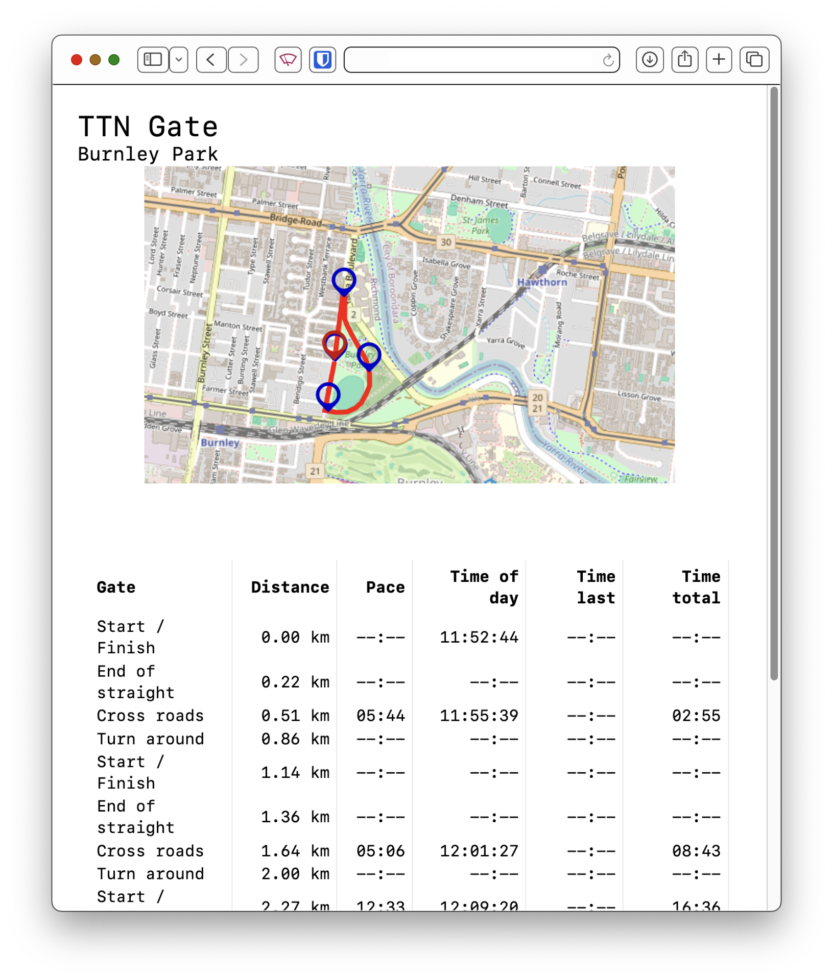 Screenshot of the website showing a table of pace times and a map showing estimated location