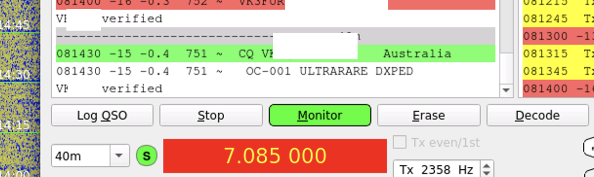 A screenshot of WSJT-X showing a VK callsign being used in SuperFox mode - freetext says &ldquo;OC-001 Ultrarare DxPed&rdquo;