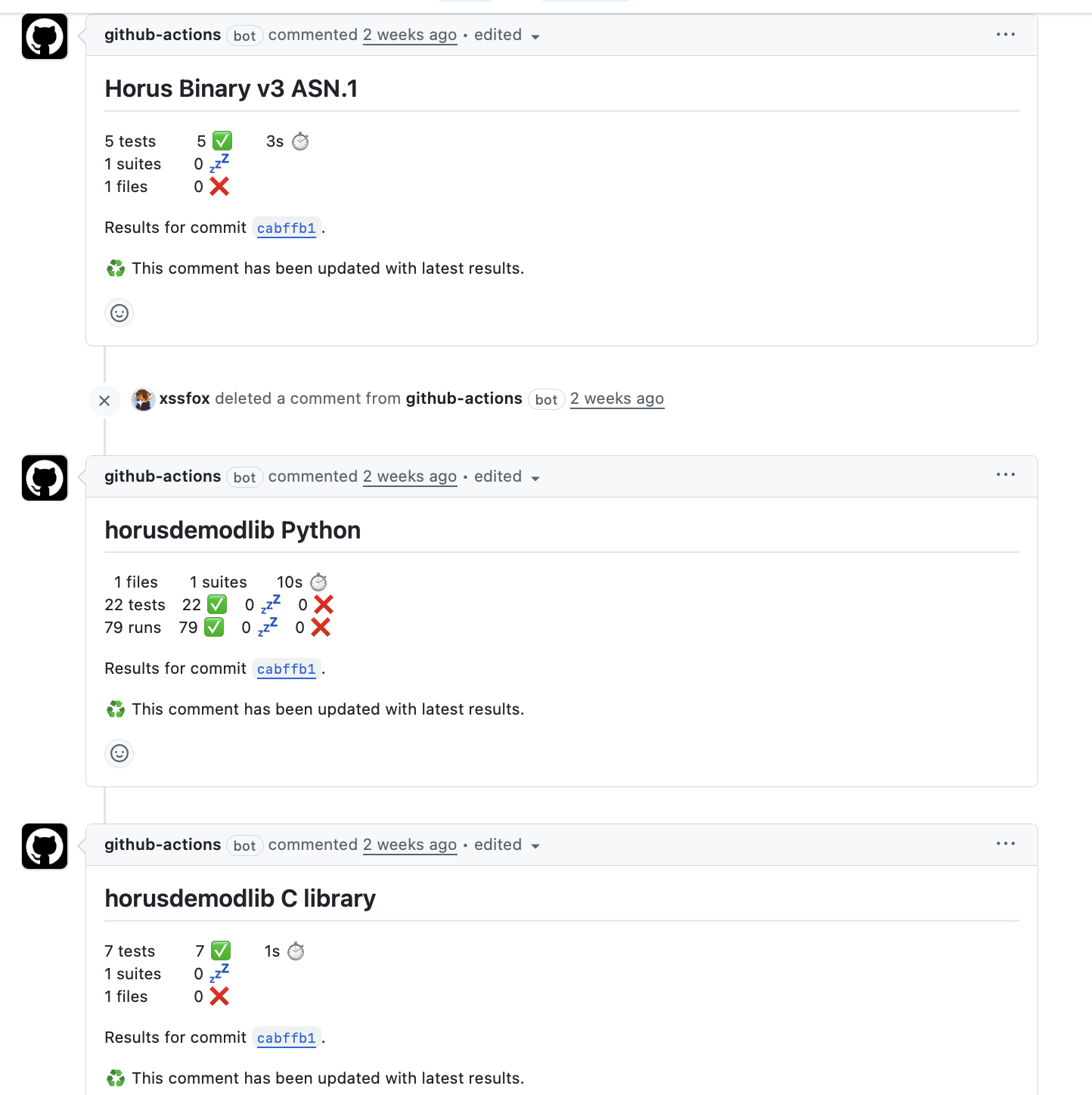 GitHub Actions comments showing passing tests
