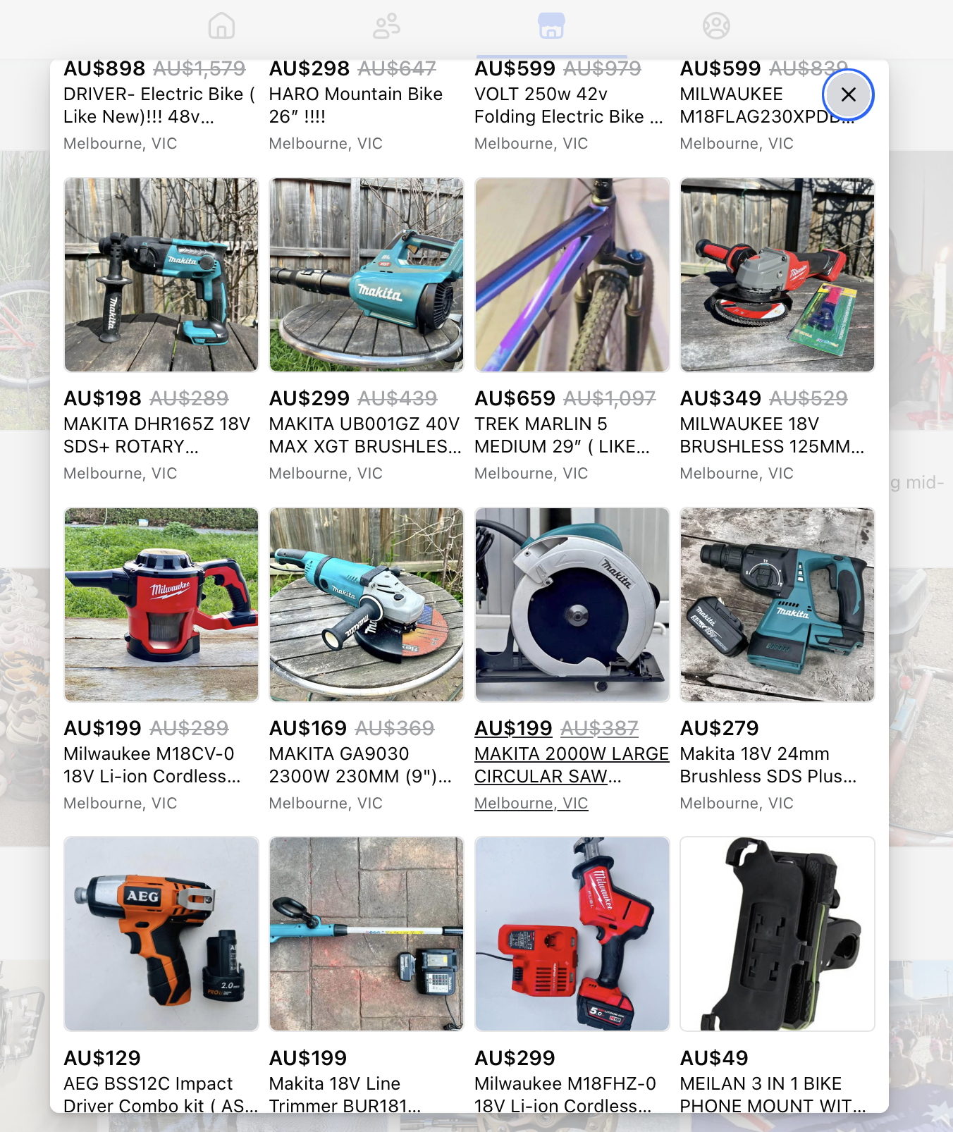 A overview of a single seller showing multiple powertools being sold
