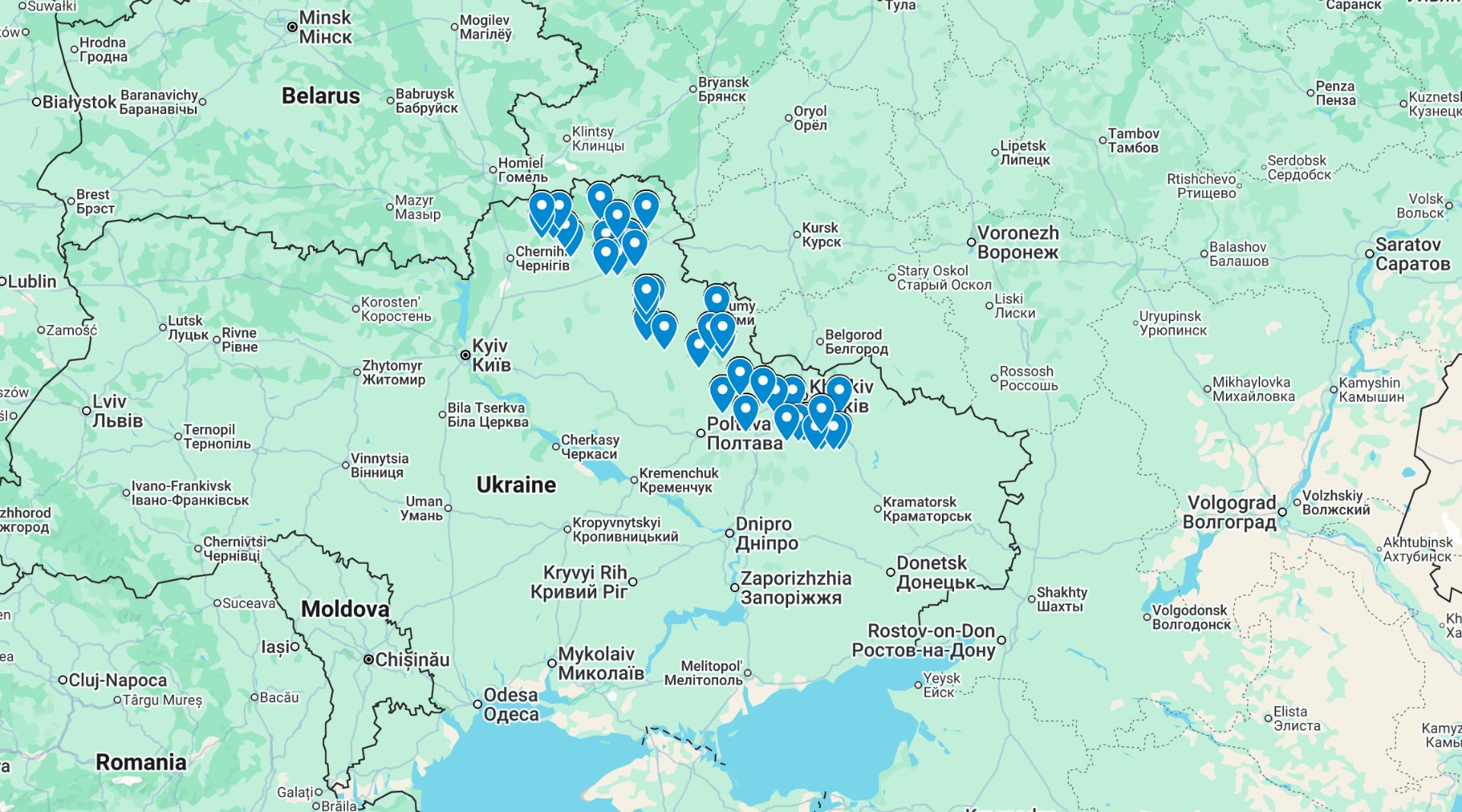 Points on a map near the Ukraine/Russian border