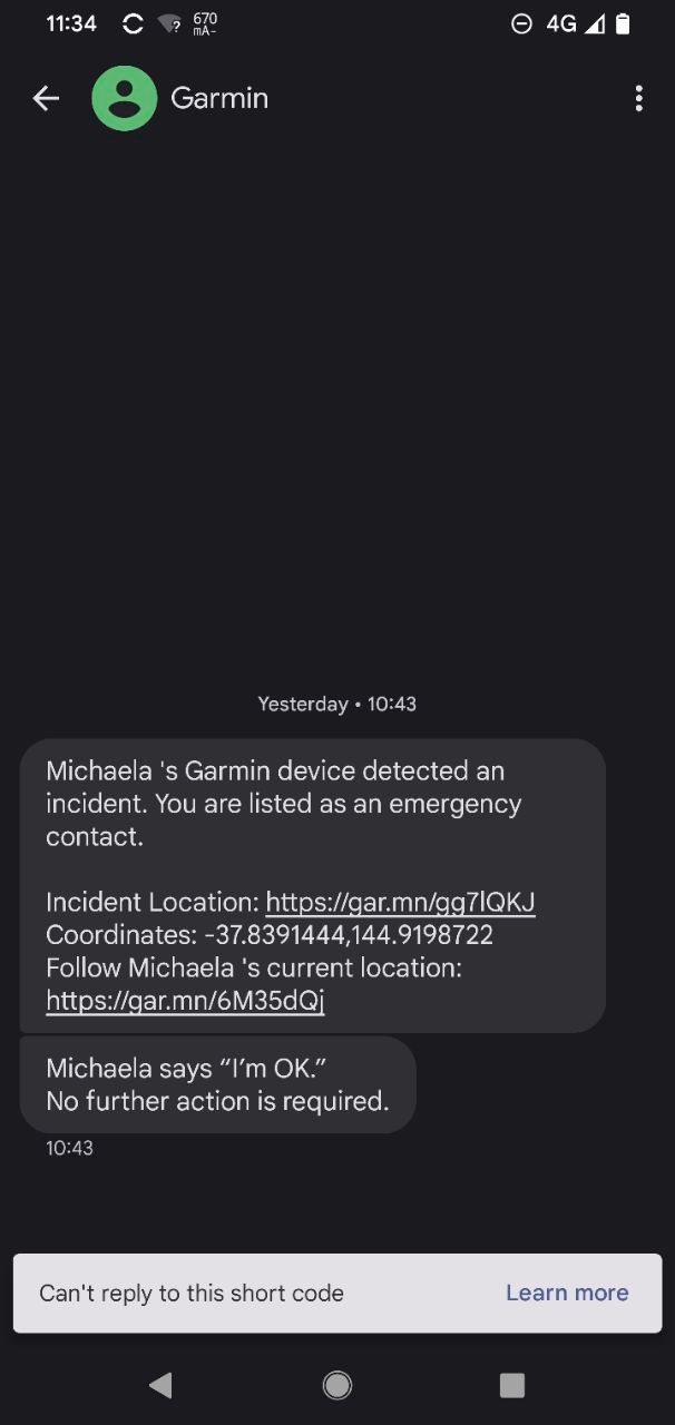SMS from Garmin with a link to incident location