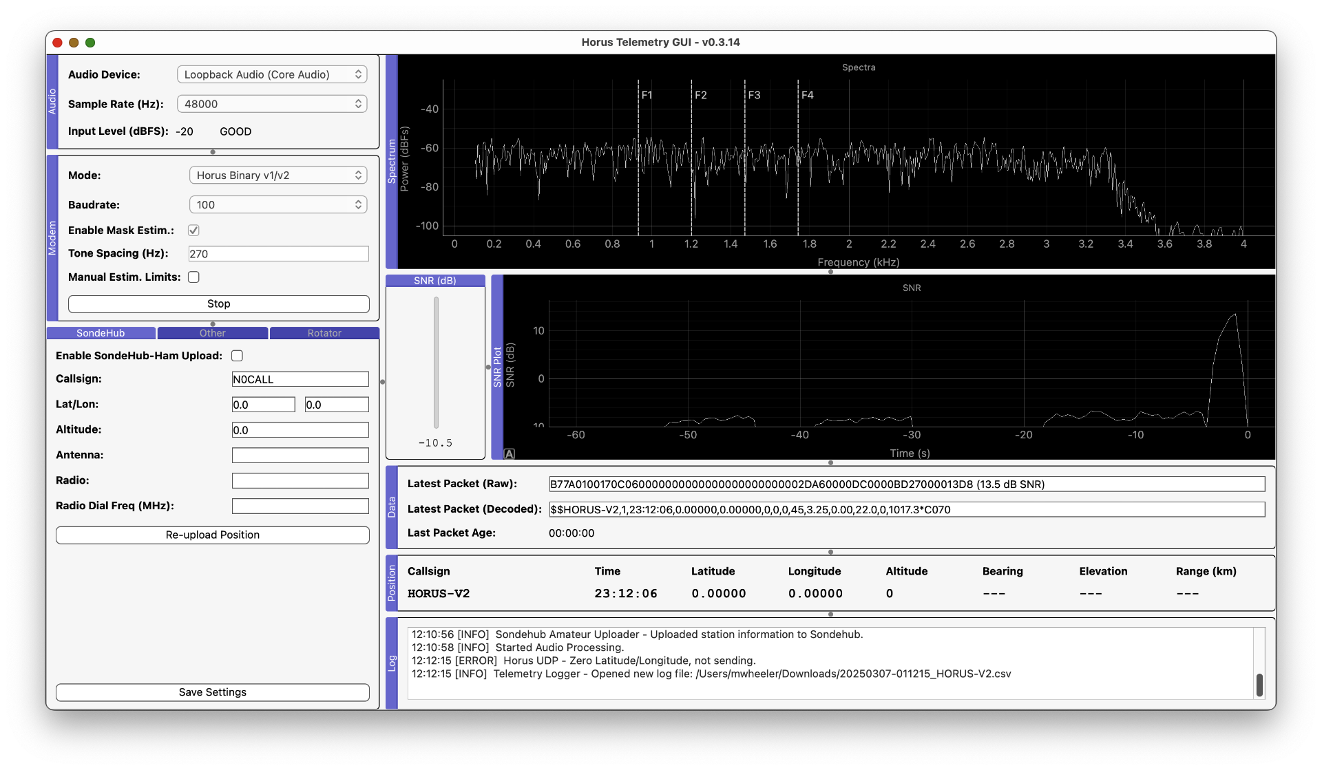 Horus-gui user interface showing configuration options for the modem and graphs of the signal