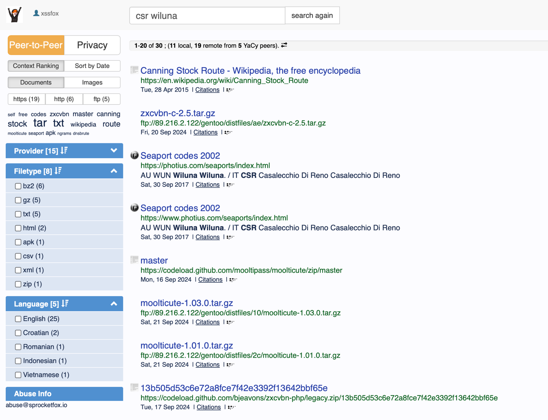 Search results from YaCy. Many of which are random zip and tarball files