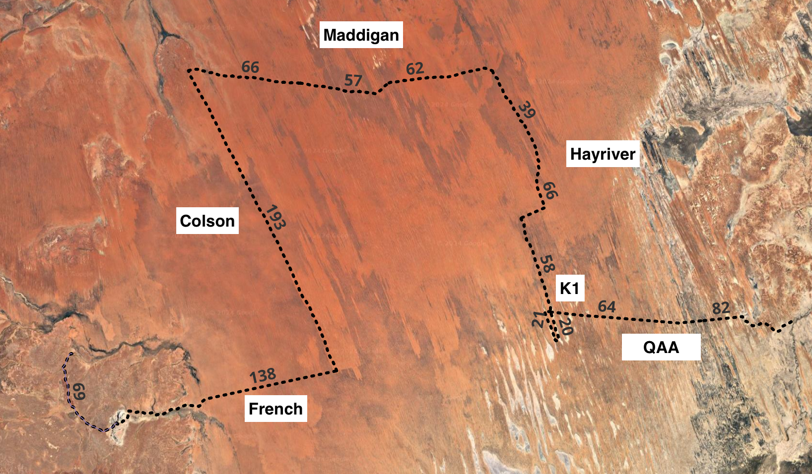 map of the track showing a route from mt dare, along french line, north up the colson track, across east along the madigan then down the hayriver track and finally ending on the qaa line in birdsville