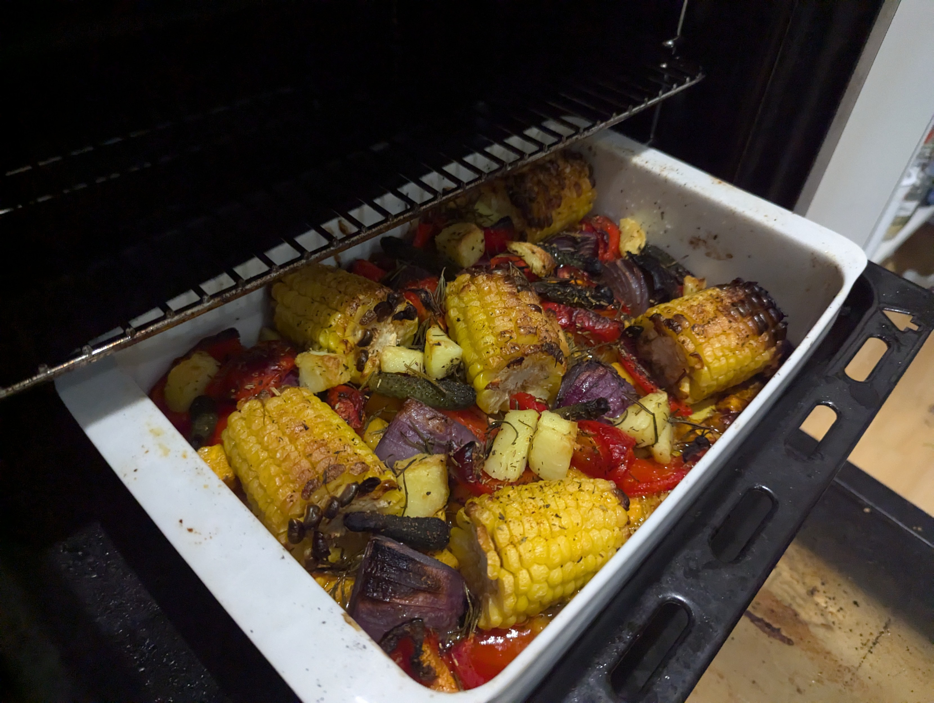 Roasted vegetables in a baking tray