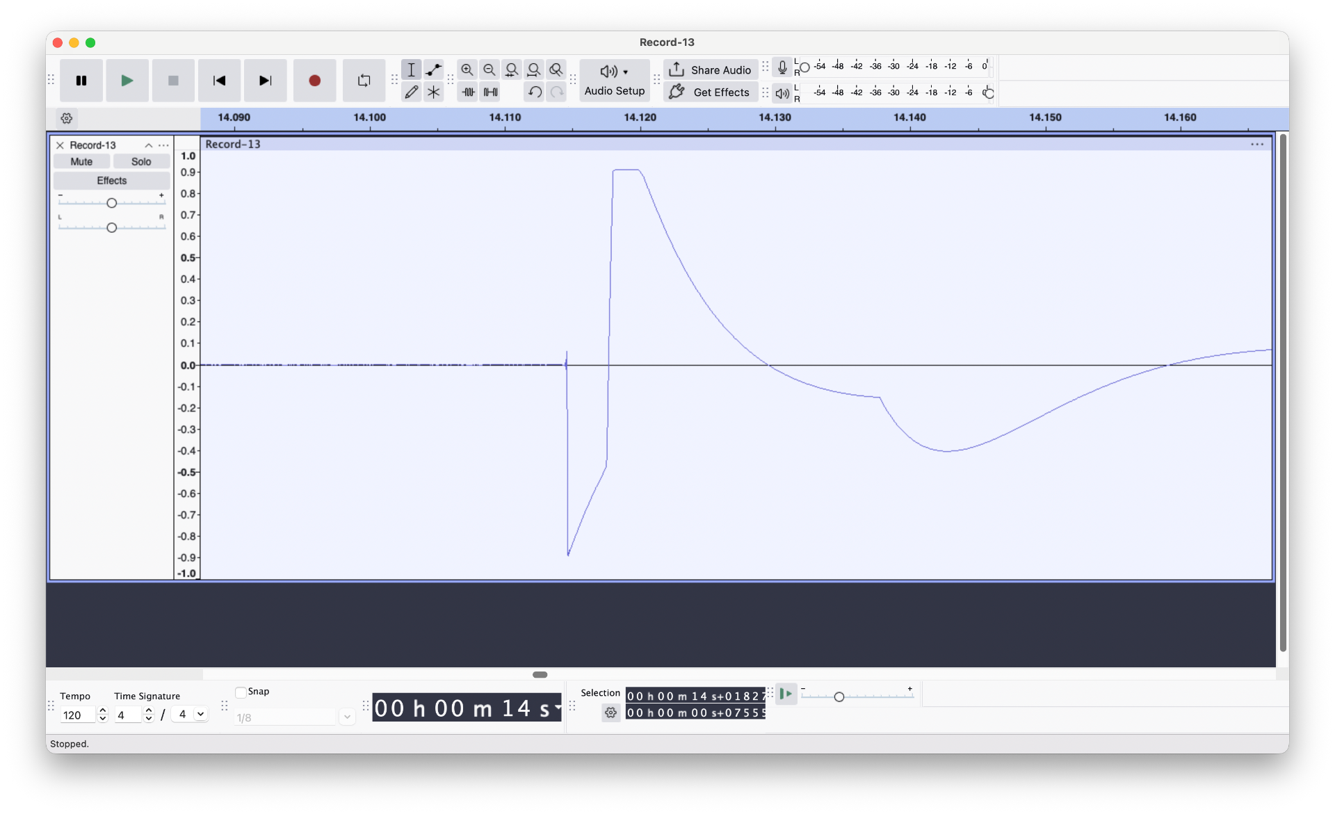 Screenshot of audacity demonstrating the pulse created from the camera flash