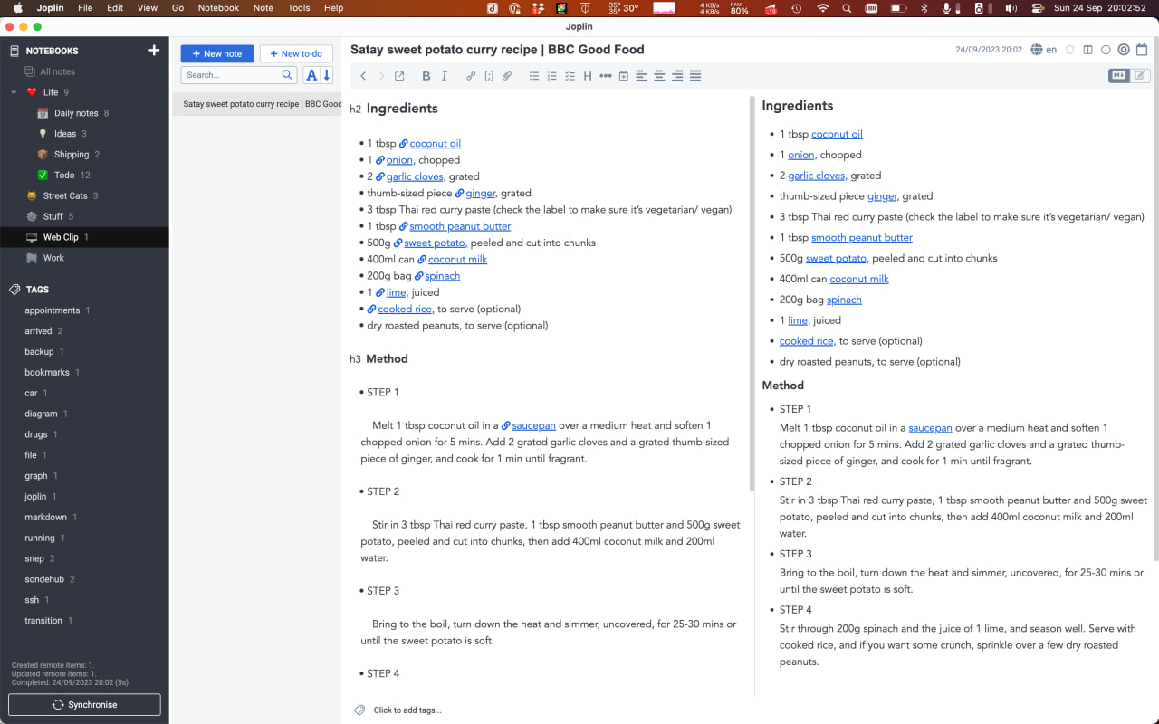 Joplin note showing a recipe clipped from the web