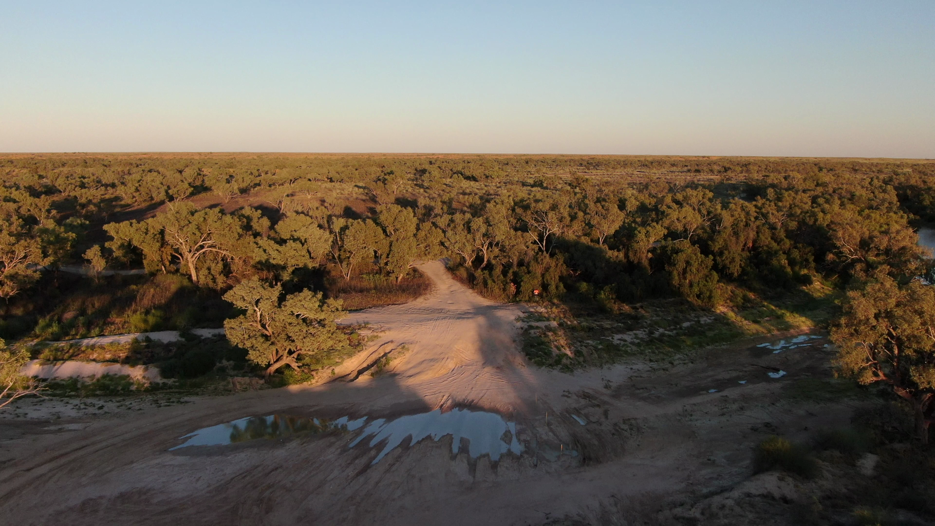 eyre creek crossing showing just a small puddle with me tracks running around in the dry