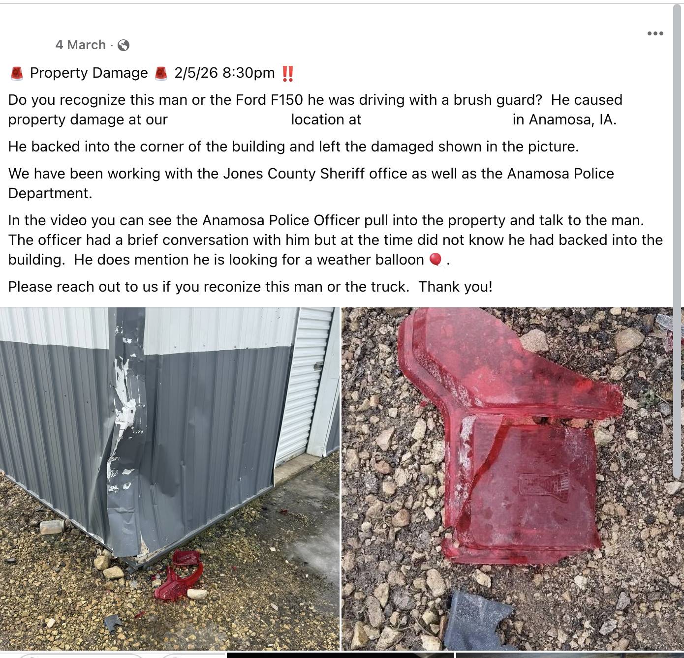 Facebook post showing the incident and building damage