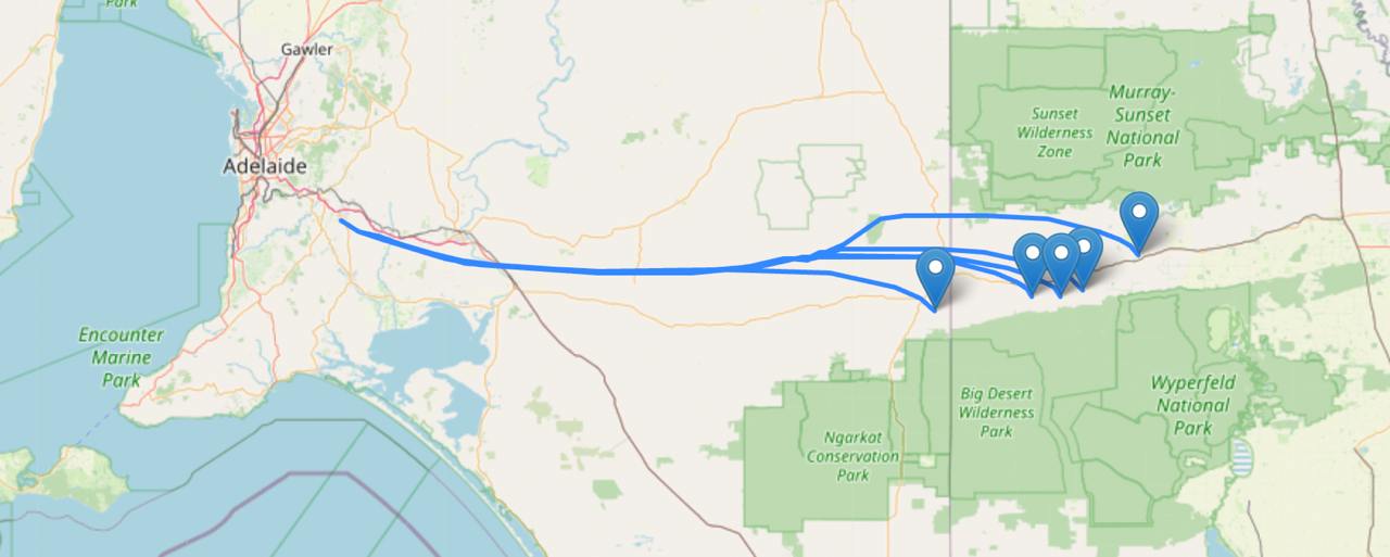 Predictions showing a very long drive from Adelaide into Victoria