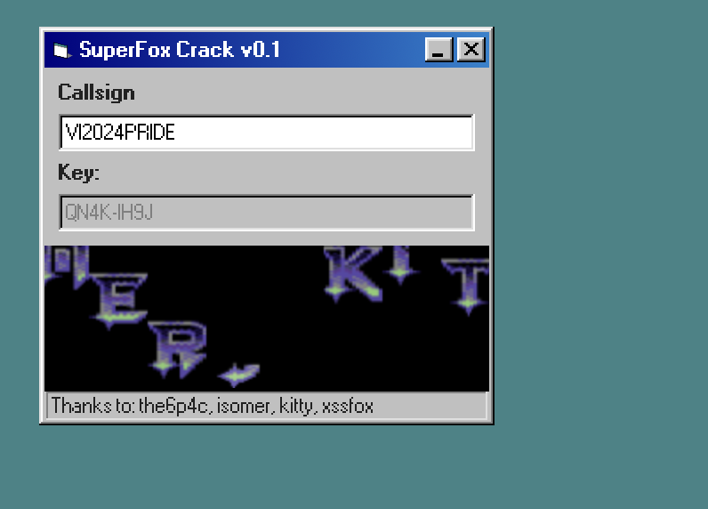 A windows 98 looking window with a prompt for callsign and ouputting a SuperFox key