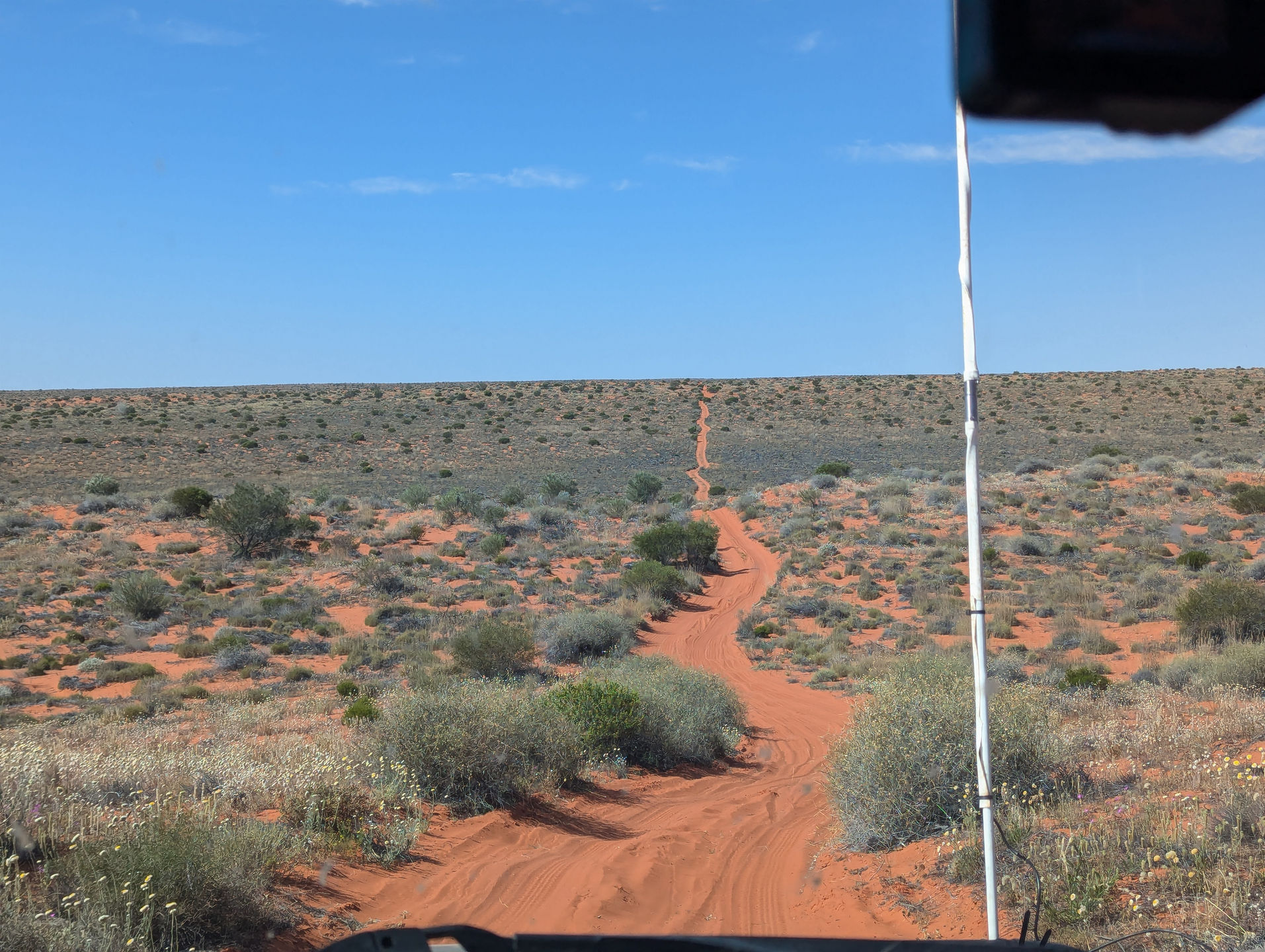 view down one of the dunes towards another. There is low level spinfix but not trees. the track is orange and straight, with very little deviation