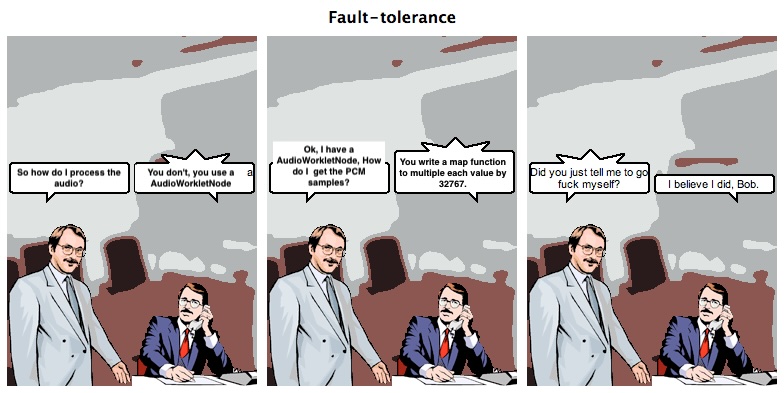 Comic: So how do I process the audio? You don&rsquo;t, you use a AudioWorkletNode. Ok I have a AudioWorkletNode, How do I get the PCM samples? You write a map function to multiple each value by 32767. Did you just tell me to go fuck myself? I believe I did bob.