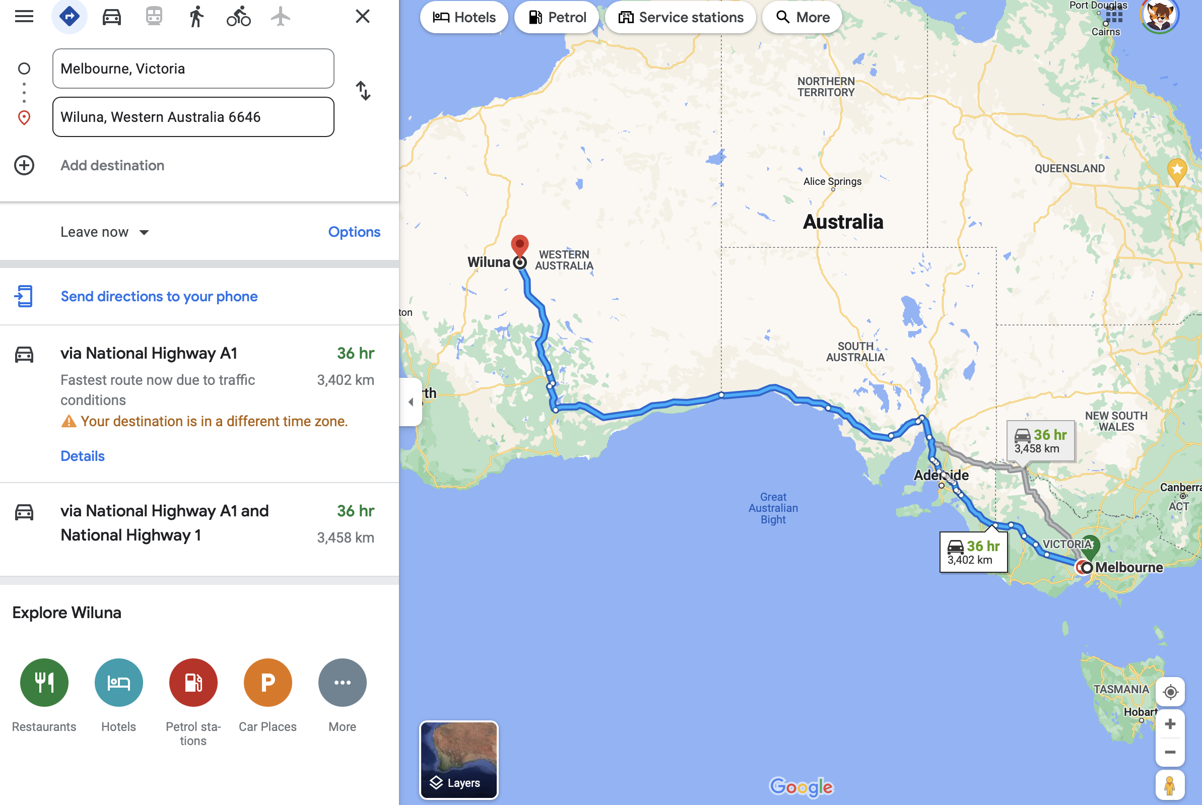 Melbourne to Wiluna on Google Maps - 36 hours driving time